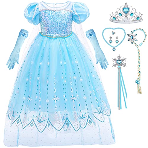 ZaisuiFun Elsa Kostüm Mädchen Eiskönigin Blau Eisprinzessin Kleid Schneekönigin Verkleidung Kinder Tüll Kurzarm Fasching Party mit Zubehör Geburtstag Karneval Halloween, 128-134(Etikett 130) von ZaisuiFun