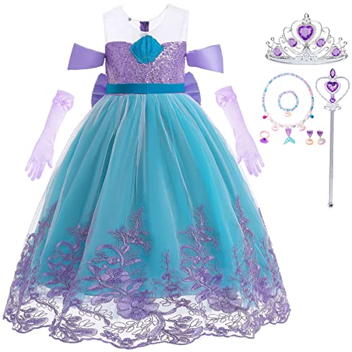 ZaisuiFun Mädchen Meerjungfrau Kleid Arielle Kostüm Kurzarm Verkleidung Faschingskostüme Kinder Fasching Party Geburtstag Halloween Karneval mit Zubehör, 128-134(Etikett 130) von ZaisuiFun