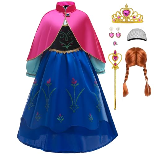 ZaisuiFun Mädchen Prinzessin Anna Kostüm Kleid mit Mantel und Zubehör Perücke für Karneval Geburtstag Party, 104-110(Etikett 110) von ZaisuiFun
