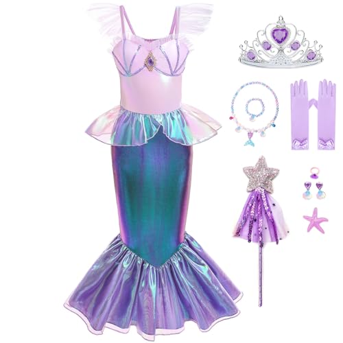 ZaisuiFun Meerjungfrau Kostüm Mädchen Arielle Prinzessin Kleid Kinder mit Zubehör für Halloween Verkleidung Karneval Cosplay, 104-110(Etikett 110) von ZaisuiFun