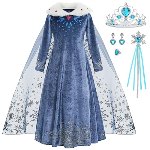 ZaisuiFun Verkleidung Kostüm Prinzessin ELSA für Mädchen Schneekönigin Kleid Blau Langarm mit Plüsch Kragen für Halloween Geburtstag Canarval,Blau, 104-110(Etikett 110) von ZaisuiFun