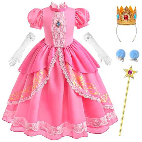 ZaisuiFun Prinzessin Peach Kostüm Mädchen Prinzessinnenkleid Kinder Pfirsich Kleid für Halloween Weihnachten Karneval Cosplay mit Zubehör, 116-122(Etikett 120) von ZaisuiFun