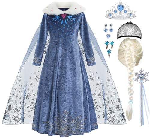 ZaisuiFun Verkleidung Kostüm Prinzessin Elsa für Mädchen Schneekönigin Kleid Blau mit Perücke Langarm mit Plüsch Kragen für Halloween Geburtstag Canarval,Blau mit Perücke, 116-122(Etikett 120) von ZaisuiFun