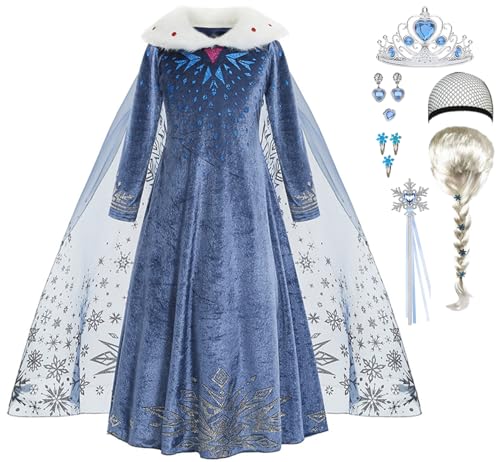 ZaisuiFun Verkleidung Kostüm Prinzessin Elsa für Mädchen Schneekönigin Kleid Blau mit Perücke Langarm mit Plüsch Kragen für Halloween Geburtstag Canarval,Blau mit Perücke, 128-134(Etikett 130) von ZaisuiFun
