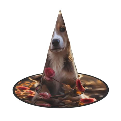 Zaixiansj Halloween-Hexenhut, Hunde- und Rosen-Druck, Kostüm, Kopfbedeckung, Erwachsene, gruseliger Hut, Festival-Kopfbedeckung von Zaixiansj