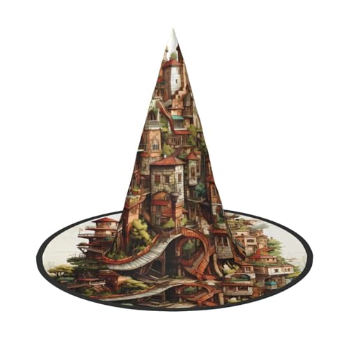 Zaixiansj Halloween-Hexenhut, Traumschloss-Druck, Kopfbedeckung, Erwachsene, gruseliger Hut, Festival-Kopfbedeckung von Zaixiansj