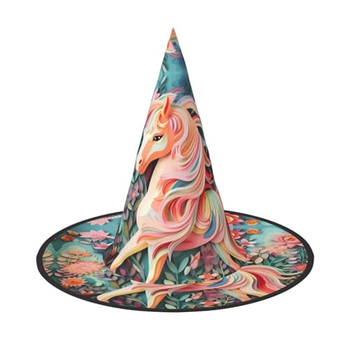 Zaixiansj Halloween-Hexenhut, rosa Papierschnitt, Einhorn-Druck, Kostüm, Kopfbedeckung, Erwachsene, gruseliger Hut, Festival-Kopfbedeckung von Zaixiansj