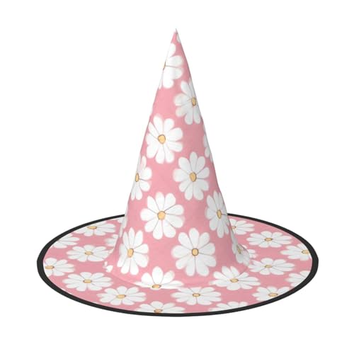 Zaixiansj Halloween-Hexenhut, rosa-weißes Gänseblümchen-Motiv, Kostüm, Kopfbedeckung, Erwachsene, gruseliger Hut, Festival-Kopfbedeckung von Zaixiansj