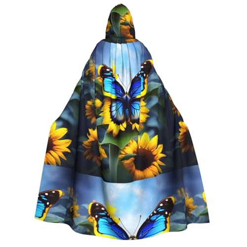 Zaixiansj Kapuzenumhang für Erwachsene, für Halloween, Party, Cosplay, Sonnenblumen-blauer Schmetterlings-Druck, Kapuzenmantel, Kostüm, Umhang, Zubehör von Zaixiansj