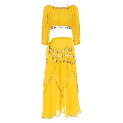Zaldita Damen Bauchtanz Kostüm Orientalische Indische Tanzkostüm Lange Puffärmel Top mit Asymmetrischer Chiffon Tanzrock Performance Gelb M von Zaldita