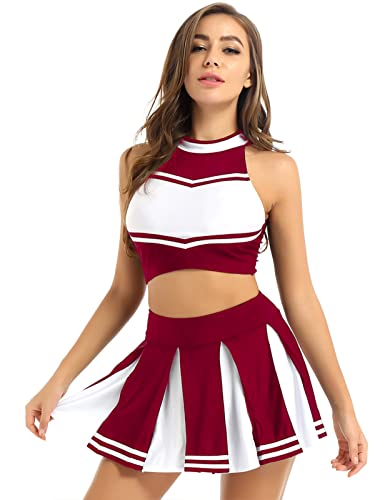 Zaldita Damen Cheerleaderin Kostüm Ärmellos Cheer Crop Top mit Minirock Schulmädchen Uniform Set Cosplay Party Karneval Kostüm Weinrot XXL von Zaldita