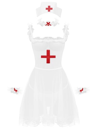 Zaldita Damen Krankenschwester Kostüm Brustfrei Minikleid mit Haube Pflegeuniformen Set Dessous Cosplay GOGO Party Kostüm B Weiß S von Zaldita