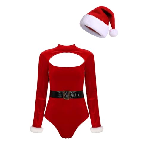 Zaldita Damen Weihnachtskostüm Langarm Weihnachten Bodysuit mit Kunstpelzbesatz + Weihnachtsmütze Gürtel Babydoll Cosplay Ein Rot S von Zaldita