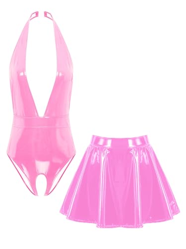 Zaldita Damen Wet Look Patent Leather Unterwäsche Set mit Halskette Armfrei Tiefes V-Ausschnitt Gürtelöffnung Leotard und Minirock Nachtclub Outfit Rosa L von Zaldita