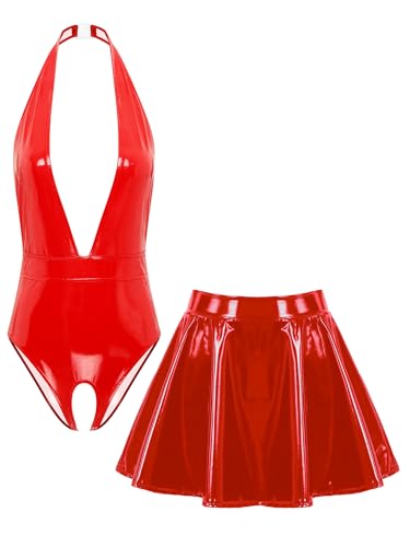Zaldita Damen Wet Look Patent Leather Unterwäsche Set mit Halskette Armfrei Tiefes V-Ausschnitt Gürtelöffnung Leotard und Minirock Nachtclub Outfit Rot 4XL von Zaldita