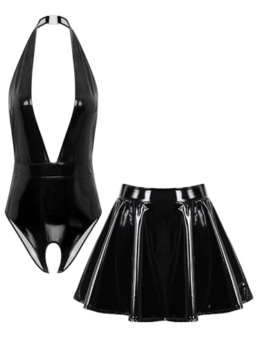 Zaldita Damen Wet Look Patent Leather Unterwäsche Set mit Halskette Armfrei Tiefes V-Ausschnitt Gürtelöffnung Leotard und Minirock Nachtclub Outfit Schwarz XXL von Zaldita