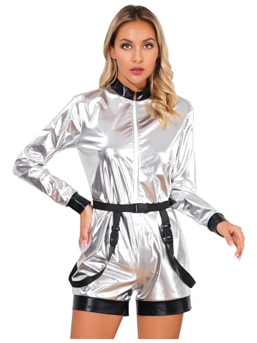 Zaldita Damen Wetlook Astronauten Kostüm Langarm Weltall Raumfahrer Overall Kurz Jumpsuit Karneval Party Faschingskostüme Silber L von Zaldita