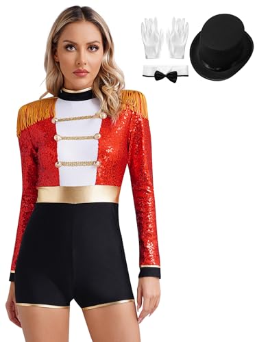 Zaldita Damen Zirkusdirektorin Kostüm Langarm Zirkus Uniformen mit Fransen + Zylinder Pailletten Body Cosplay Fasching Karneval Outfits Rot 3XL von Zaldita