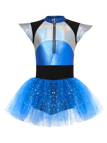 Zaldita Kinder Mädchen Astronaut Kostüm Stehkragen Tanzkleid Glitzer Tanzbody mit Reißverschluss Tüllrock Halloween Karneval Blau 122-128 von Zaldita