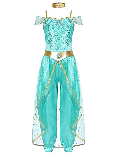 Zaldita Kinder Mädchen Bauchtanz Kostüm Pailetten Crop Top Pumphose Schleier Indische Prinzessin Kostüm Party Karneval Outfits Hellgrün 134-140 von Zaldita