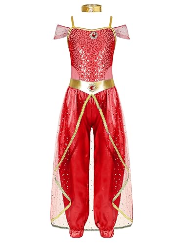 Zaldita Kinder Mädchen Bauchtanz Kostüm Pailetten Crop Top Pumphose Schleier Indische Prinzessin Kostüm Party Karneval Outfits Rot 110-116 von Zaldita