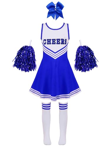 Zaldita Kinder Mädchen Cheer Leader Kostüm Ärmellos Cheer Minikleid + Socken + Pompons Cheerleading Kostüm Fasching Party Cosplay Kostüm B Blau 122-128 von Zaldita