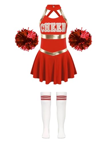 Zaldita Kinder Mädchen Cheer Leader Kostüm Ärmellos Cheer Minikleid + Socken + Pompons Cheerleading Kostüm Fasching Party Cosplay Kostüm C Ein Rot I 110-116 von Zaldita
