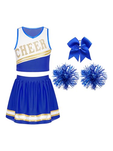 Zaldita Kinder Mädchen Cheer Leadering Kostüm Ärmellos Crop Top + Minirock + Pompoms + Kopfbedeckung Karneval Cosplay Verkleidung B Königsblau 110-116 von Zaldita