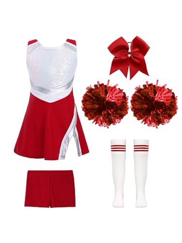 Zaldita Kinder Mädchen Cheerleading Kostüm Ärmellos Cheer Leader Kleid mit Shorts + Pompoms + Socken + Kopfschmuck Fasching Party Verkleidung Ein Rot 134-140 von Zaldita