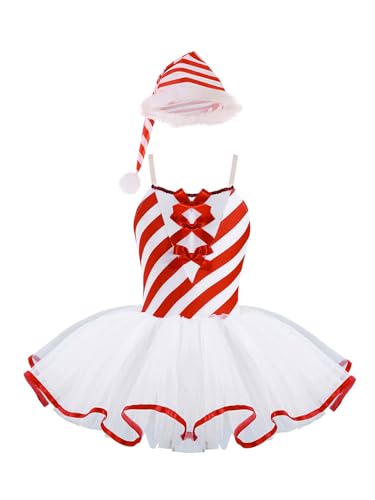 Zaldita Kinder Mädchen Weihnachtskostüm Zuckerstange Kostüm Streifen Druck Weihnahctskleid Partykleid Ballett Tutu Festzug Rot 146-152 von Zaldita