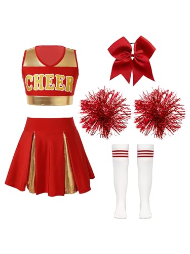 Zaldita Mädchen Cheer Leading Kostüm Ärmellos Cheer Crop Top mit Minirock + Socken + Pompoms + Haargummi Glitzer Tanz Set Party Cosplay Kostüm B Rot 170-176 von Zaldita