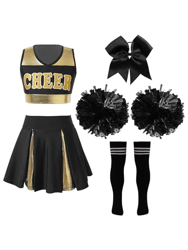 Zaldita Mädchen Cheer Leading Kostüm Ärmellos Cheer Crop Top mit Minirock + Socken + Pompoms + Haargummi Glitzer Tanz Set Party Cosplay Kostüm Ein Schwarz-Weiß 146-152 von Zaldita