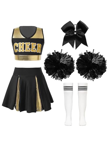 Zaldita Mädchen Cheer Leading Kostüm Ärmellos Cheer Crop Top mit Minirock + Socken + Pompoms + Haargummi Glitzer Tanz Set Party Cosplay Kostüm Ein Weiß&Schwarz 122-128 von Zaldita