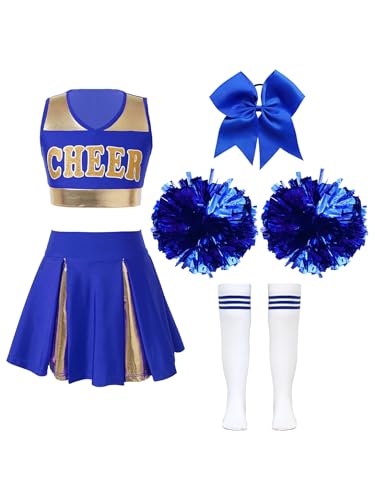 Zaldita Mädchen Cheer Leading Kostüm Ärmellos Cheer Crop Top mit Minirock + Socken + Pompoms + Haargummi Glitzer Tanz Set Party Cosplay Kostüm Ein blaues 158-164 von Zaldita