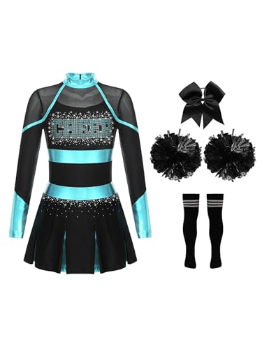 Zaldita Mädchen Cheerleading Uniform Langarm Cheer Leader Kleid mit Strass + Pompoms + Socken + Kopfschmuck Karneval Party Verkleidung Blau Grün & Schwarz 170-176 von Zaldita