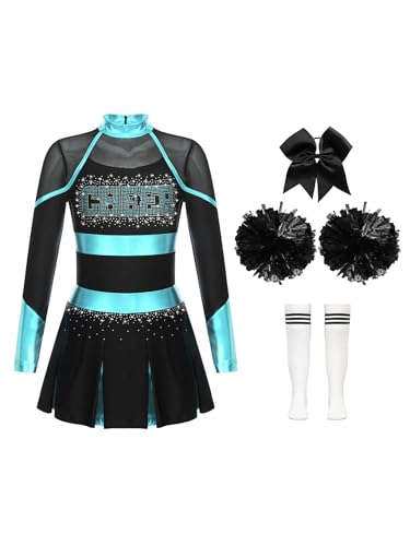 Zaldita Mädchen Cheerleading Uniform Langarm Cheer Leader Kleid mit Strass + Pompoms + Socken + Kopfschmuck Karneval Party Verkleidung Blau Grün & Weiß 158-164 von Zaldita