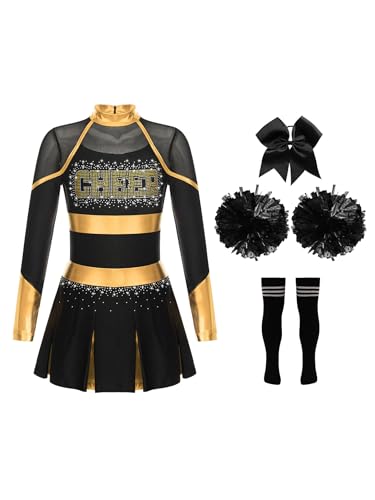 Zaldita Mädchen Cheerleading Uniform Langarm Cheer Leader Kleid mit Strass + Pompoms + Socken + Kopfschmuck Karneval Party Verkleidung Gold & Schwarz 158-164 von Zaldita