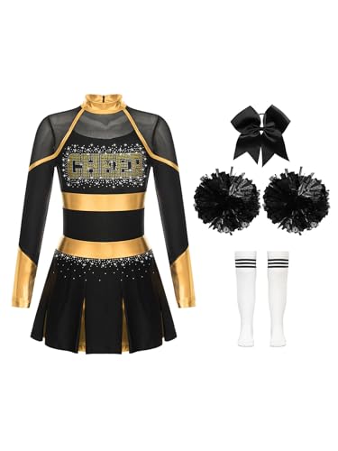 Zaldita Mädchen Cheerleading Uniform Langarm Cheer Leader Kleid mit Strass + Pompoms + Socken + Kopfschmuck Karneval Party Verkleidung Gold und Weiß 110-116 von Zaldita
