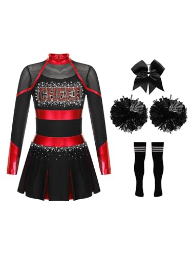 Zaldita Mädchen Cheerleading Uniform Langarm Cheer Leader Kleid mit Strass + Pompoms + Socken + Kopfschmuck Karneval Party Verkleidung Rot schwarz 146-152 von Zaldita