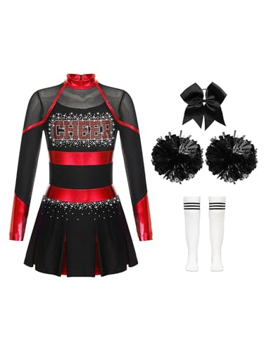 Zaldita Mädchen Cheerleading Uniform Langarm Cheer Leader Kleid mit Strass + Pompoms + Socken + Kopfschmuck Karneval Party Verkleidung Rot-Weiß 134-140 von Zaldita