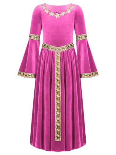 Zaldita Mädchen Mittelalterliches Kostüm Halloween Renaissance Kleid Langarm Samt Trompetenärmel Cosplay Karneval Fasching Verkleidung A Leuchtend Rosa 110-116 von Zaldita