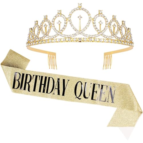 Geburtstag Krone und Schärpe für Frauen, Golden Geburtstagskönigin, Birthday Queen Schärpe und Strass-Diadem-Set, Geburtstagsdekorationen Geschenke 30. 40. 50. 60. Geburtstag von Zalingo