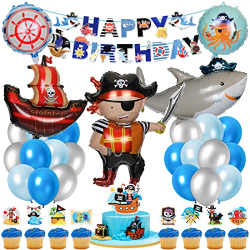 Piraten Meerestiere Geburtstagsdeko Set, Piratenschiff Hai Folienballon, Geburtstag Banner, Runde Tier Ballon, Blau Silber Luftballon Tortenaufsatz, für Kinder Party Geburtstag Deko Piraten Meerestiere Geburtstagsdeko Set, Piratenschiff Hai Folienballon, Geburtstag Banner, Runde Tier Ballon, Blau Silber Luftballon Tortenaufsatz, für Kinder Party Geburtstag Deko von Zaloife