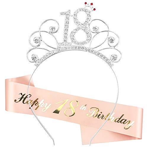 Zaloife 18. Geburtstag Krone Schärpe, Geburtstag Tiara Silber Geburtstag Schärpe Roségold, Junggesellinnenabschied Set für 16 Geburtstag Deko Geschenk und Mädchen Party Accessoires von Zaloife