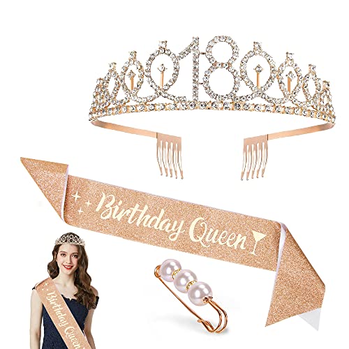 Zaloife 18. Geburtstag Krone Schärpe, Geburtstag Tiara Gold Geburtstag Schärpe Haarnadel, Junggesellinnenabschied Set für 18 Geburtstag Deko Geschenk Mädchen Party Accessoires von Zaloife