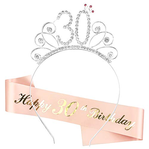 Zaloife 30. Geburtstag Krone Schärpe, Geburtstag Tiara Silber Geburtstag Schärpe Roségold, Junggesellinnenabschied Set für 30 Geburtstag Deko Geschenk und Frauen Party Accessoires von Zaloife