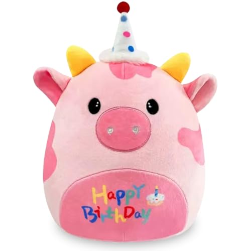 Zaloife Happy Birthday Kuh Plüschtier Rosa, Geburtstag Kuscheltier 27cm, Stofftier Plush, Lustiges Superweiches Plüsch Puppe Geschenk für Kinder von Zaloife