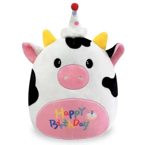 Zaloife Happy Birthday Kuh Plüschtier Schwarz Weiß, Geburtstag Kuscheltier 27cm, Stofftier Plush, Lustiges Superweiches Plüsch Puppe Geschenk für Kinder von Zaloife
