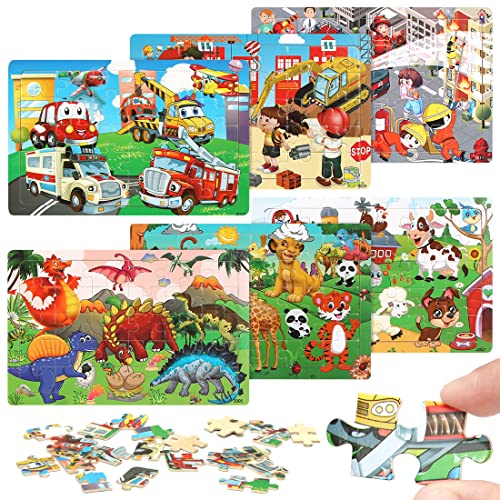 Holzpuzzle Kinder 6 Stück, Kinderpuzzle 30 Teile, Puzzle Auto Tier Dinosaurier, Gehirntraining Spielzeug für Kinder ab 3 Jahren, Geschenk Kinderspielzeug für Mädchen Jungen von Zaloife