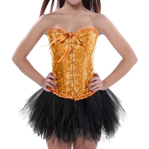 Gothic Kleidung Damen, Korsett Damen Mit Rock Corset Und Tüllrock 2 Teilig Faschingskostüme Schwarz Tüllrock Gothic Bustier Corset Top 50er Retro Ballet Tanzrock Karneval Kostüm von Zannycn